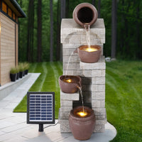 Solar Fountain Water Feature  Pot Outdoor Indoor 4-Tier Cascading Brown