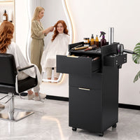 Artiss Professional Salon Station Rolling Cart, Hair Styling Beauty Cabinet with 2 Drawers, Large Supply Cabinet & 3 Appliance Holders, Wood Barber Spa Trolley with 360° Wheels for Skincare & Vanity, Black