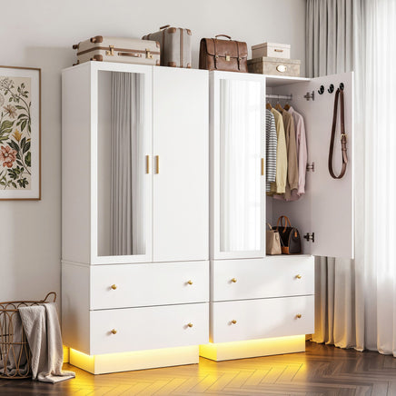 Artiss LED Wardrobe Cabinet Clothes Storage with Mirror 2 Drawers Hanging Rail