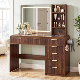 Artiss Dressing Table Vanity Desk LED Lighted Mirror Glass Top 7 Fluted Drawers 120CM Walnut