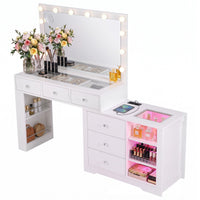 Artiss Dressing Table Mirror Charging Station Glass Top Makeup Vanity Desk RGB Cabinet Storage Drawers Hairdryer Holder White