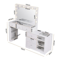 Artiss Dressing Table Mirror Charging Station Glass Top Makeup Vanity Desk RGB Cabinet Storage Drawers Hairdryer Holder White
