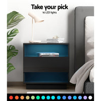 Bedside Table LED with 2 Shelves - HANA Black