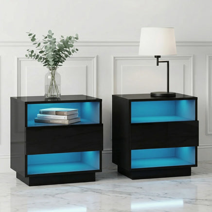 Artiss 2x Bedside Table LED with 2 Shelves - HANA Black