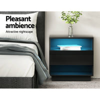 Artiss 2x Bedside Table LED with 2 Shelves - HANA Black