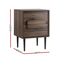 Bedside Table Nightstand 2 Drawers - Walnut