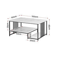 Artiss Coffee Table 100cm Faux Marble Finish Center Table 2-Tier Storage White&Black