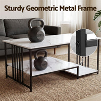 Artiss Coffee Table 100cm Faux Marble Finish Center Table 2-Tier Storage White&Black