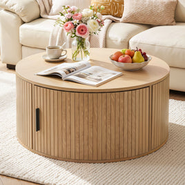 Artiss Round Coffee Table Storage Fluted Center Table Living Room Office 80cm Wood