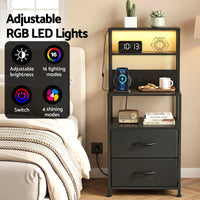 Artiss Bedside Table Tall Nightstand with Charging Station Drawers LED Black