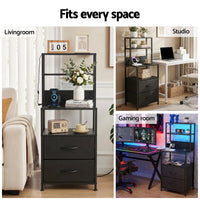 Artiss Bedside Table Tall Nightstand with Charging Station Drawers LED Black