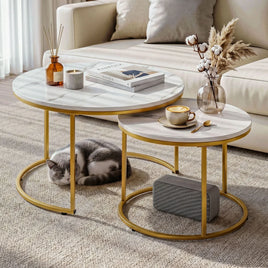Artiss Nesting Coffee Table Set of 2 Round Marble Effect 70/50cm White & Gold