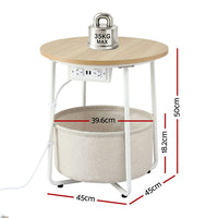 Artiss Round Coffee Table Side End Table Charging Station Storage Basket
