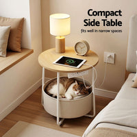 Artiss Round Coffee Table Side End Table Charging Station Storage Basket