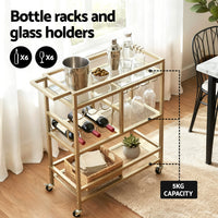 Artiss Bar Cart Drinks Trolley Serving Wine Rack Glass Holder 3 Hooks 72cm Gold