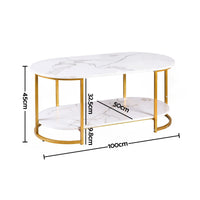 Artiss Coffee Table 2 Tier Oval Marble Finish Storage Shelf Metal Frame Center Table Living Room 100x50x45cm White & Gold