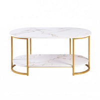 Artiss Coffee Table 2 Tier Oval Marble Finish Storage Shelf Metal Frame Center Table Living Room 100x50x45cm White & Gold