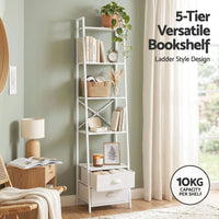 Artiss 5 Tier Bookshelf Ladder Bookcase with Fabric Drawers Display Rack White