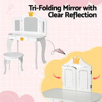 Kids Dressing Table Vanity Makeup Chair Set Wooden 3 Mirror Drawer White