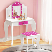 Kids Dressing Table Vanity Makeup Chair Set Wooden 3 Mirror Drawer Pink