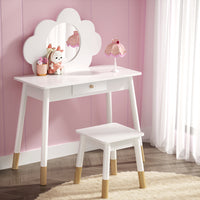 Kids Dressing Table Chair Set Vanity Makeup Wooden Leg Mirror Drawer