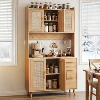 Artiss Buffet Sideboard Hutch Storage Cabinet Kitchen Cupboard Hooks Rattan Pine