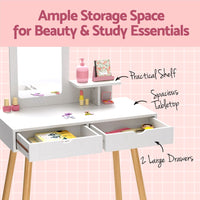 Kids Dressing Table Vanity Makeup Chair Set with Mirror Drawers Wooden Legs