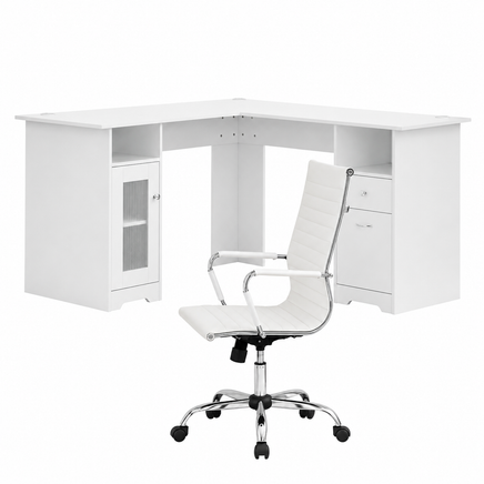 Artiss Office Desk and Chair Set L Shape Computer Desk 150cm with Storage Cabinet & Drawers, Ergonomic PU Leather Office Chair, White Home Office Furniture