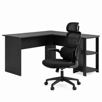 Artiss Office Desk and Chair Set L Shaped Computer Desk 136cm with 2 Tier Storage Shelves, Ergonomic Mesh Office Chair with Adjustable Headrest, Flip-Up Armrests & Lumbar Support