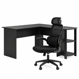 Artiss Office Desk and Chair Set L Shaped Computer Desk 136cm with 2 Tier Storage Shelves, Ergonomic Mesh Office Chair with Adjustable Headrest, Flip-Up Armrests & Lumbar Support