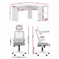 Artiss Home Office Desk and Chair Set, 136cm L Shaped Computer Desk with Shelves & Cable Management, Ergonomic Mesh Office Chair with Adjustable Headrest, Flip-Up Armrests