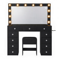 Artiss Dressing Table Charging Station LED Vanity Desk Set Stool Glass Top Make up Mirror Storage Drawer Black