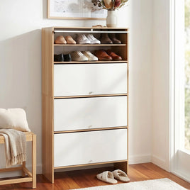 Artiss Narrow Shoe Cabinet Adjustable Shelves Flip-up Door White & Pine