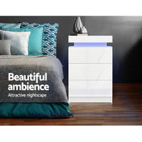 Artiss 2X Bedside Table LED 3 Drawers - COLEY White