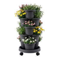 Green Fingers 5 Tier Vertical Garden Planter, Stackable Planters with 4 Wheels, Black, Raised Garden Bed, Garden Tower Indoor Outdoor, Auto Drainage System, for Strawberries, Herbs, Flower, Vegetables
