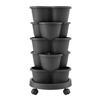 Green Fingers 5 Tier Vertical Garden Planter, Stackable Planters with 4 Wheels, Black, Raised Garden Bed, Garden Tower Indoor Outdoor, Auto Drainage System, for Strawberries, Herbs, Flower, Vegetables