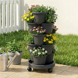 Green Fingers 5 Tier Vertical Garden Planter, Stackable Planters with 4 Wheels, Black, Raised Garden Bed, Garden Tower Indoor Outdoor, Auto Drainage System, for Strawberries, Herbs, Flower, Vegetables