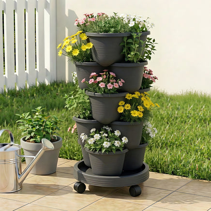 Green Fingers 5 Tier Vertical Garden Planter, Stackable Planters with 4 Wheels, Black, Raised Garden Bed, Garden Tower Indoor Outdoor, Auto Drainage System, for Strawberries, Herbs, Flower, Vegetables