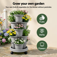 Green Fingers 5 Tier Vertical Garden Planter, Stackable Planters with 4 Wheels, Grey, Raised Garden Bed, Garden Tower Indoor Outdoor, Auto Drainage System, for Strawberries, Herbs, Flower, Vegetables