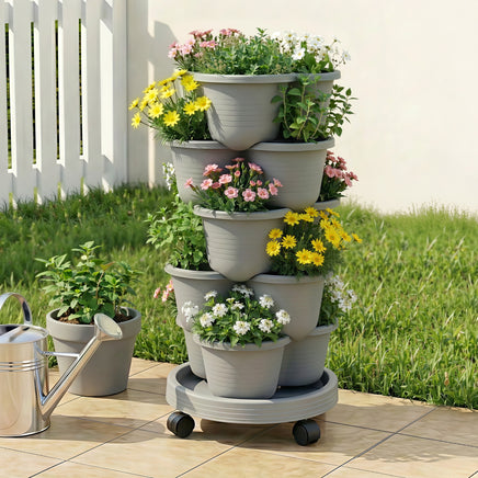 Green Fingers 5 Tier Vertical Garden Planter, Stackable Planters with 4 Wheels, Grey, Raised Garden Bed, Garden Tower Indoor Outdoor, Auto Drainage System, for Strawberries, Herbs, Flower, Vegetables