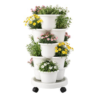 Green Fingers 5 Tier Vertical Garden Planter, Stackable Planters with Wheels, White, Garden Bed, Garden Tower Indoor Outdoor, Auto Drainage System, for Strawberries, Herbs, Flowers, Vegetables