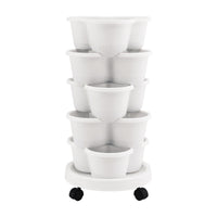 Green Fingers 5 Tier Vertical Garden Planter, Stackable Planters with Wheels, White, Garden Bed, Garden Tower Indoor Outdoor, Auto Drainage System, for Strawberries, Herbs, Flowers, Vegetables