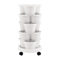 Green Fingers 5 Tier Vertical Garden Planter, Stackable Planters with Wheels, White, Garden Bed, Garden Tower Indoor Outdoor, Auto Drainage System, for Strawberries, Herbs, Flowers, Vegetables