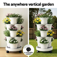 Green Fingers 5 Tier Vertical Garden Planter, Stackable Planters with Wheels, White, Garden Bed, Garden Tower Indoor Outdoor, Auto Drainage System, for Strawberries, Herbs, Flowers, Vegetables