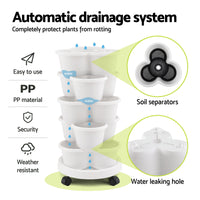 Green Fingers 5 Tier Vertical Garden Planter, Stackable Planters with Wheels, White, Garden Bed, Garden Tower Indoor Outdoor, Auto Drainage System, for Strawberries, Herbs, Flowers, Vegetables