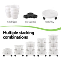 Green Fingers 5 Tier Vertical Garden Planter, Stackable Planters with Wheels, White, Garden Bed, Garden Tower Indoor Outdoor, Auto Drainage System, for Strawberries, Herbs, Flowers, Vegetables
