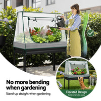 Green Fingers Elevated Metal Garden Bed Kit w Mini Greenhouse Cover 116x60cm Stand-Up Height Trellis