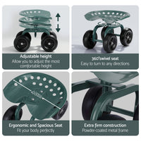 Gardeon Garden Seat 360 Swivel Rolling Adjustable Height Work Scooter Cart Wheels Heavy Duty 150kg