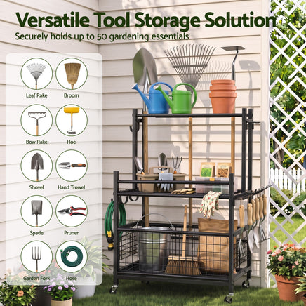 Gardeon Garden Tool Organizer Rack 16 Slots Rolling Garage Storage with Hooks