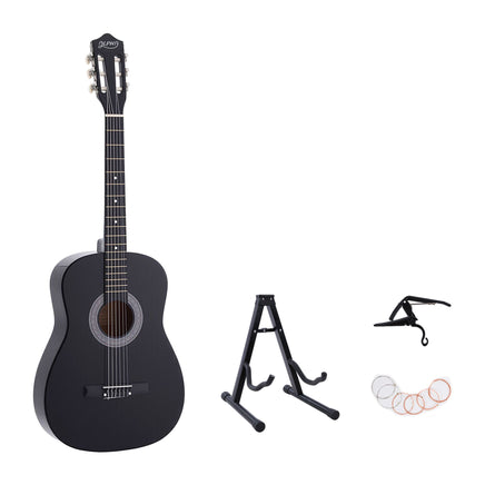 Alpha 38 Inch Classical Acoustic Guitar with Folding Stand Capo and String Set Black
